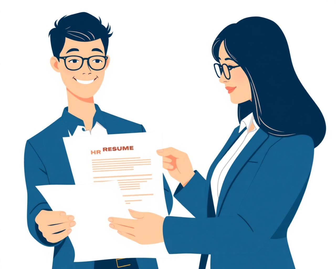 Kandidat berdiskusi dengan mentor HRD meninjau CV
